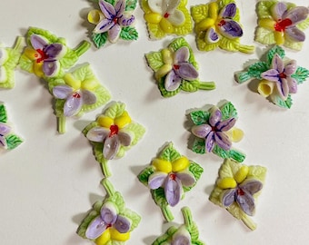 1 Vintage Celluloid/Plastic Hand painted Purple Pansies with Green Stems Mix, Japan Flowers, 20mm