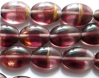 6 Strand, 24 Oval Amethyst Givre Glass Beads with Decorative Gold Aventurine Detail, 12mmx 8mm