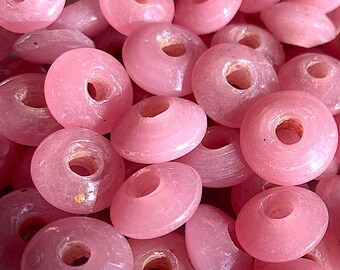 15 Vintage Handmade Rustic Saucer Disk Beads in Pink Semi-Transparent, Approximativ 15mm in Diameter and 7.76mm Deep, Large 5mm Hole