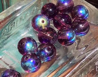 12 Purple AB Vintage Glass Round Beads, 7mm, Aurora Borealis Finish for Jewelry Making