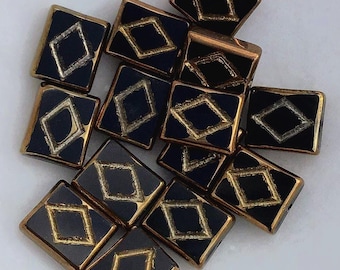 6 Vintage Black and Gold Glass Rectangle Beads with Diamond Pattern, 12mm