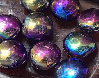 4 Iridescent Oil-Slick Glass Dome Beads, 14mm Rainbow Round Beads