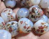 7 Vintage Japanese Opal Glass Beads with Millefiori, Handmade, Lampwork Approx 15.5mm