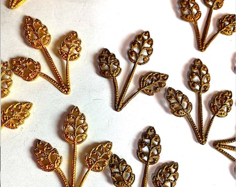 6 Leaf and Stem Brass Stamping with Cutout Leaves, Approx. 32mm in Height, Bendable, 2 Finishes