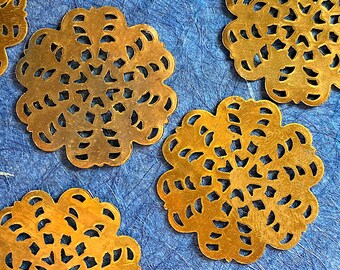 6 Flat Raw Brass Flat Cut Out Stampings, Round, Floral, Petals, 34.6mm