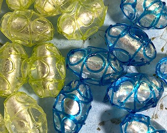 9 Cool Handmade Clear Beads with Translucent Aqua Blue or Spring Green Ringlets, U=Pick, Lampwork 18mm x 12mm, Grn- D11-19