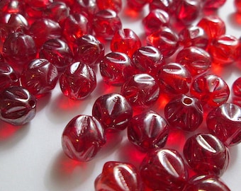 12 Vintage Ruby Red Luster Ribbed Glass Beads, West Germany, 9mm, Jewelry Supply