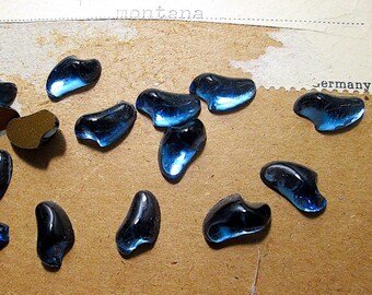 6 Vintage Fancy Montana Glass Blue Cabochons with Flat Glitterbacks, 12mm x 7mm, West Germany