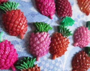 4 Vintage Pineapples, Textured Celluloid, Early Plastic Fruit Hand Painted Cabochons, Japanese , Approx 17.5mm tall