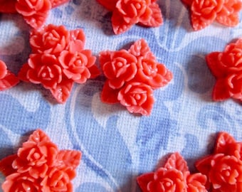 2 Vintage Celluloid, Coral Flower Star Cabochons, Japanese, Approx. 18mm