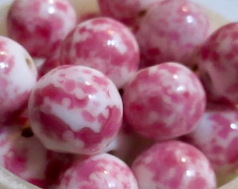 9 Vintage Translucent Cranberry PINK Spatter/Frit on Opaque White Glass  Round Beads, 1960s, Japan, 12.5mm