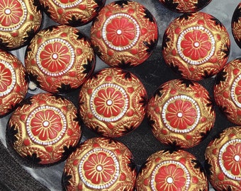 4 Vintage Victorian Style Red Glass Cabochons with Gold Foil