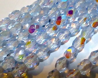50 Faceted Light Blue AB Glass Oval Beads, 4mm x 3.75mm, 1 Strand