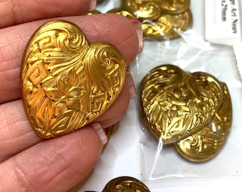 2 Vintage Brass Art Nouveau Heart Shaped Stampings with Flower Finding, Jewlery Component, 26mm x 24mm