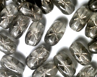 12 Vintage Black Diamond Glass Rice Beads with Incised Gold  Star, Rectangle Czechoslovakia 6mm