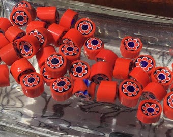 12 Vintage Red Millefiori Glass Beads, 6mm Floral Cane Beads for Jewelry Making