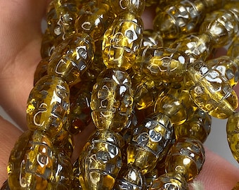 10 Vintage Fancy West German Pressed Glass Beads, Translucent Topaz Golden, 12x8mm Oval Shabby Chic Glass Beads