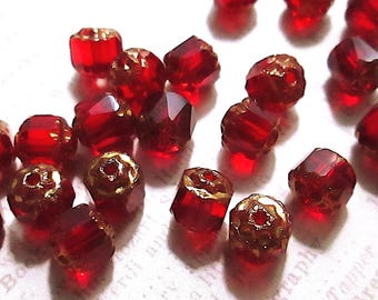 12 Vintage Petite Siam Red w/ Gold Glass Cathedral Beads, Czech 6mm