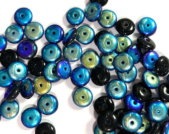 10 Vintage Jablonec Aurora Borealis Saucer Glass Beads, Peacock Bohemian AB Rainbow Beads, 8mm