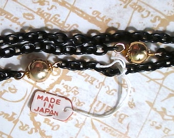 3 Feet Vintage Black Chain with Gold 8 mm Beads, Japanese, Beaded Necklace / Bracelet Chain