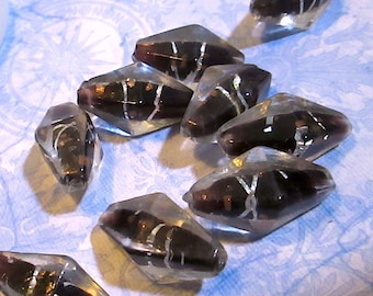 5 Amethyst Plum Core Glass Art Beads with Gold & Silver Foil, Textured Clear Coat, 4-Sided Purple Bi-Cones