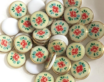 8 Vintage Porcelain Cabochons – 11mm Rose Pattern Rounds with Gold Rim – Floral Flat Back Cabs for Jewelry or Craft