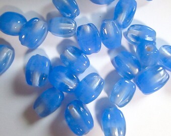 18  Sapphire Blue and 1/2 Clear Beads, Lampwork, Approx 10mm x 7mm,4-Sided Beads