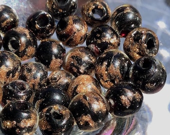 12 Petite Black and Gold Aventurine Glass Beads, 7mm