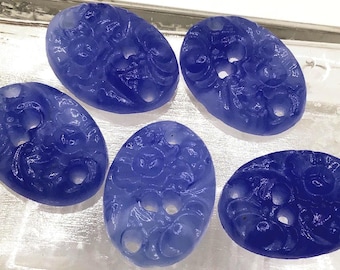 2 Vintage Sapphire Blue Marbled Floral Pinhole Glass Cabochons, Japan, Approx. 25 x 18mm