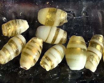 10 Vintage White and Gold Glass Barrel Beads, 9mm
