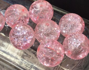 6 Vintage Pink Crackle Glass Round Beads, 12x13mm