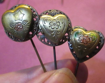 1 Vintage Brass Heart Locket Pin, Three Stamped Designs, Hat Pin, Broach