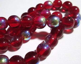 14 Vintage Transluscent Red Round Glass Beads with AB, 8mm, D10-18