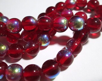 14 Vintage Transluscent Red Round Glass Beads with AB, 8mm