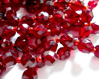 20” Vintage Czech Ruby Red Faceted Glass Beads with Spacers, 8.5mm Round Strand D9-39