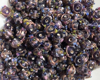 10 Vintage Copper-Purple Foiled Glass Beads with Colorful Raised Dots, 9mm