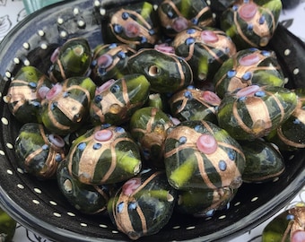 2 Large Translucent Olive Green, Wedding Bead, Glass Heart Beads with Gold Aventurine, 19mm