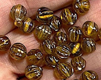 20 Petite Vintage Olive Iridescent Glass Melon Beads, Appox 7mm