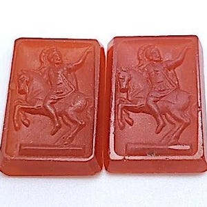 2 Vintage Carnelian Red Glass Soldiers and Horse Cabochons, Rectangular  APPROX 19mm X 13MM, Western Germany, C18-25