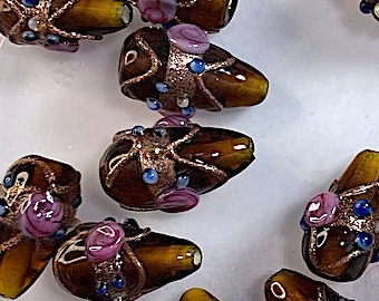 2 Amber Handmade Wedding Cake Glass Beads With Gold Aventurine and Pink Roses, Lampwork, Approx. 18mm x 9mm