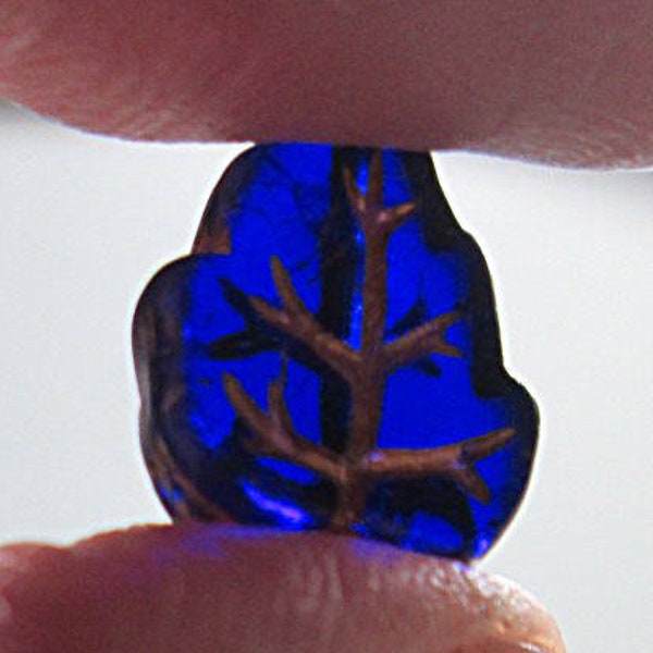 20 Translucent Cobalt Blue Glass Leaf Beads with Gold Detailing.