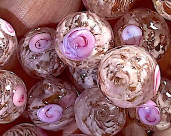 2 Handmade Vintage Pink & Gold Aventurine Swirl Rose Glass  Beads, Lampwork, Japanese, Approx. 14mm Wide