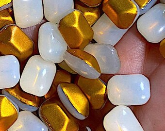 10 Vintage White Opal Glass Octagon Rhinestones, 8mm x 6mm, Dome Top, Gold Foiled Point Back