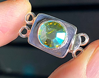 Silver Filled Double Strand Clasp, Peridot AB Rhinestone, Swarovski Green Stone (22.5mm x 11mm)