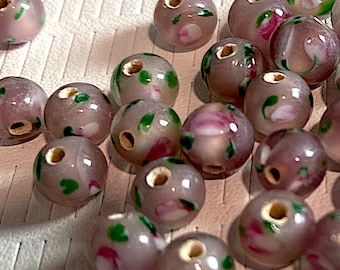 20 Handmade Petite Lilac Glass Round Beads with Pink Flowers and Green Leaves, Roses Front and Back, Czech Lampwork
