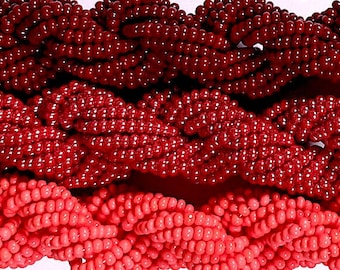 1 Hank Vintage Seed Beads, Jablonec, n. N., 10/0, 3 Colors Coral, Luster Red, Dark Red, U-Pick, Approx 20" Twisted Hank, C15-22