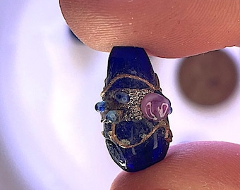 4 Cobalt Blue Handmade Wedding Cake Glass Beads With Gold Aventurine and Pink Roses, Lampwork, Approx. 17mm x 10mm