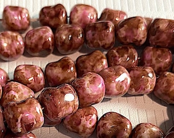 22 Pink and Brown Watercolor Nugget Beads, Czech Glass, 8.75mm x 7.75