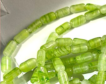 20 Vintage Striated Spring Green, White and Clear Glass Beads, West Germany, Average 10.3mm long x 5.3mm