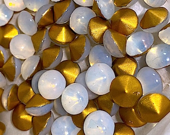 20 Vintage White Opal SS40 Rhinestones, Dome Top, Gold Foiled Point Back